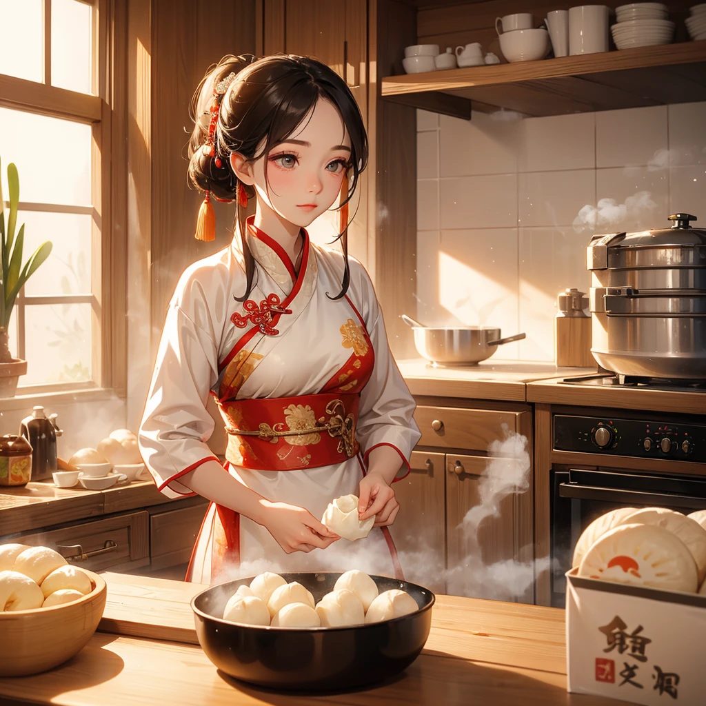 Beautiful girl in ancient Chinese costume Standing in the kitchen making steamed buns in the middle of the day. The sun shines on my face and my eyes sparkle. There is a steamer for steaming steamed buns nearby