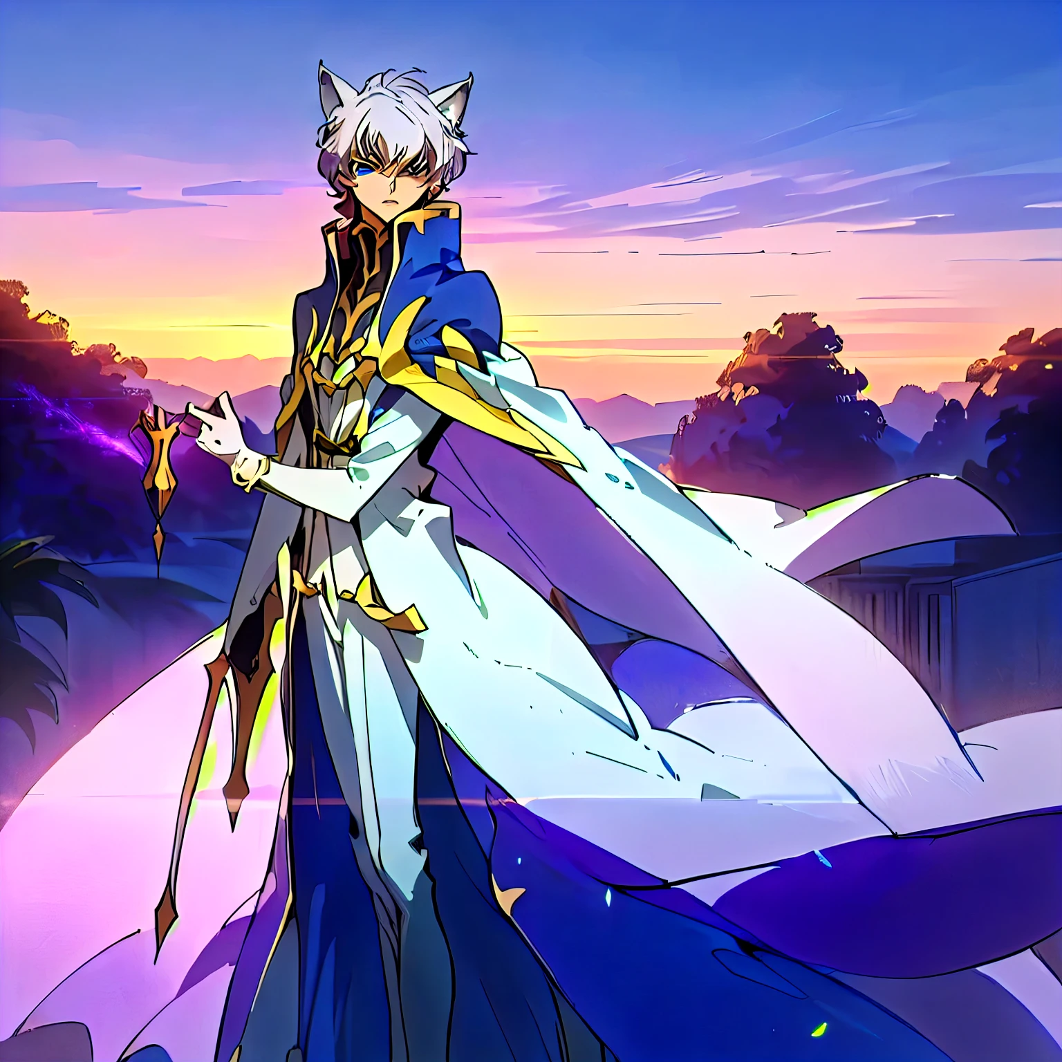 androgynous boy, height of 1.70 cm, 14 years, White hair, wolf ears and tail, futurictic sunglasses, blue eyes, white and blue outfit of "Kururugi Suzaku from Code Geass", detailed face, high quality, realistic, 4k, Photorealistic, hyper detailed, intricate details, cinematic lighting, Dramatic lighting, Beautiful Detailed Lips, extremely detailed face, digital art, concept art, with a foot cape, full body white purple cloak, Full-length blue and white cloak, with cape, Tall anime boy with blue eyes, blue full body cape, inspired by Li Chevalier, wearing a flowing cloak, Flowing layer, inspired by Aquirax Uno.