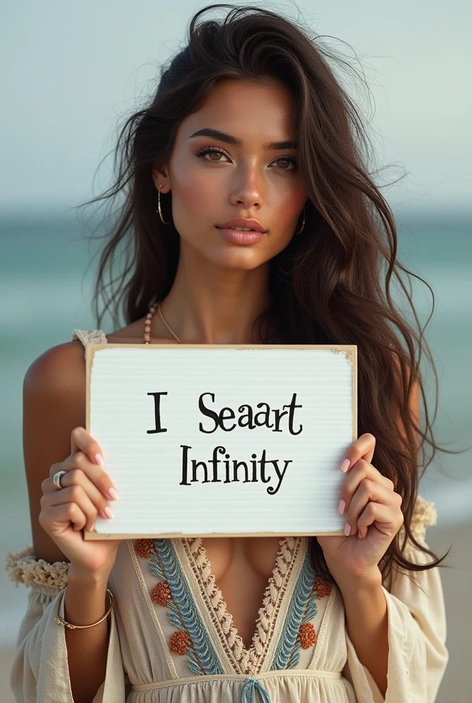 Beautiful girl with wavy long hair, bohemian dress, holding a white board with text "I Love Seaart Infinity" and showing it to the viewer