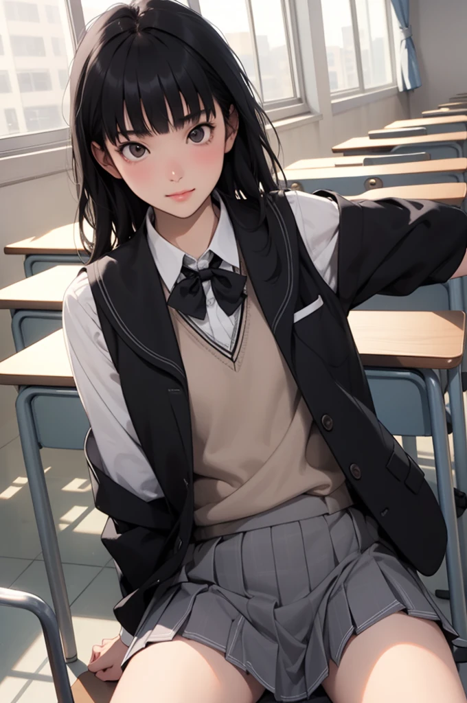 Tsukasaayatsuji, Tsukasa Ayatsuji, Black Hair, Long Hair, bangs, blunt bangs,
break kibito high school uniform, school uniform, Sweater vest,
break looking at viewer,
break indoors, classroom,
break