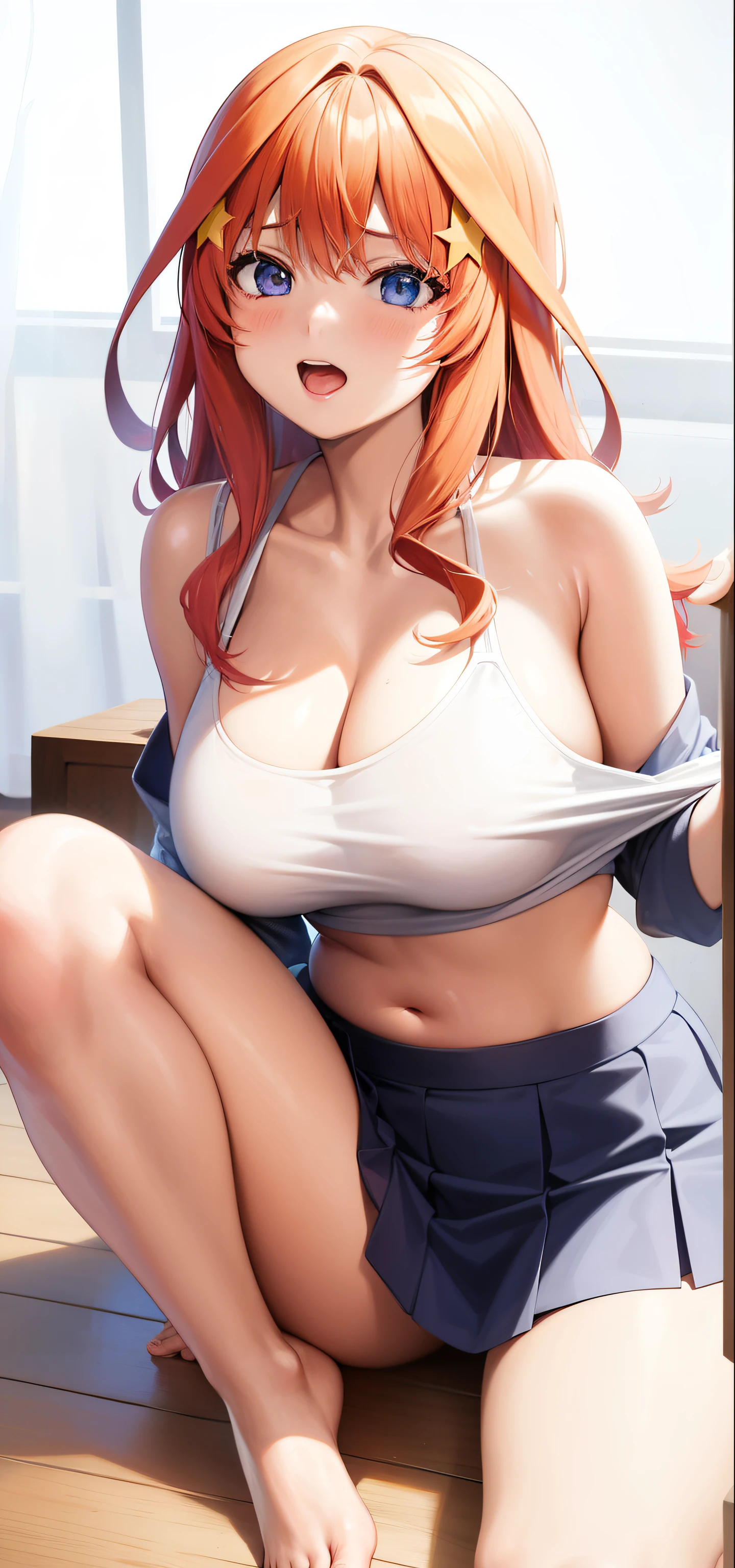 （Red Hairと青い目をしたAnime Girls）, （Huge breasts）、（Red Hair）、Loose mid-cut T-shirt,((I can see my belly button))、No underwear, ((Shoulder visible shirt)), (Micro Mini Skirt:1.2),Attractive Anime Girls, Anime Girls with long hair, Beautiful Anime Girls, Cute Anime Girls, Anime Girls, Cute Anime Girls, Best Anime Girls, Moe anime art style, visual anime of a cute girl, Portraits of Anime Girls, Anime Girls, Fascinating Anime Girls, (Anime Girls), 若いAnime Girls、Yellow star hair ornament