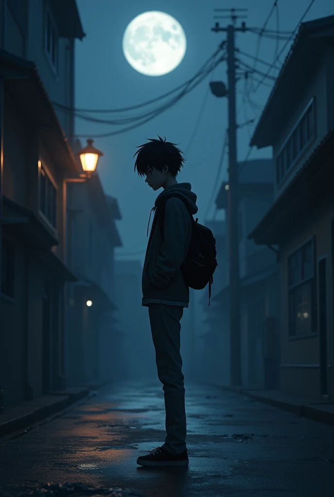 Anime  highschool boy in
dark area in road
Moon in the back
