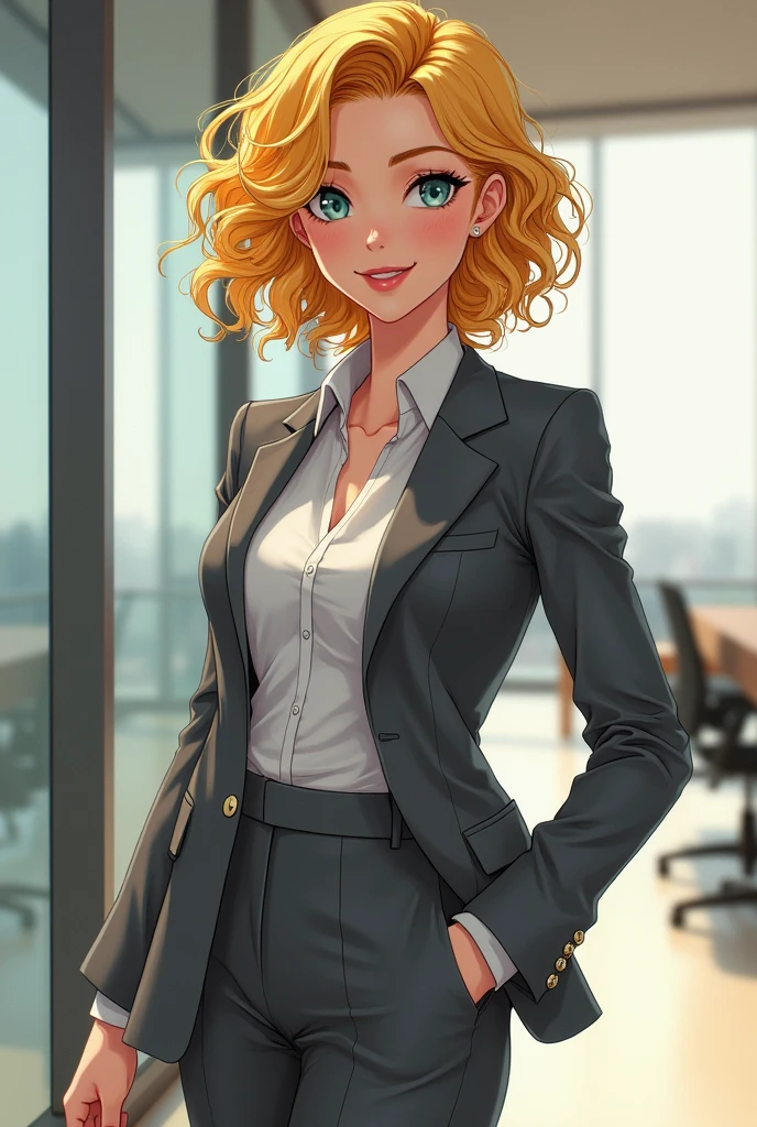 Brunette woman in grey office suit, Short curly hair dyed blonde manga style