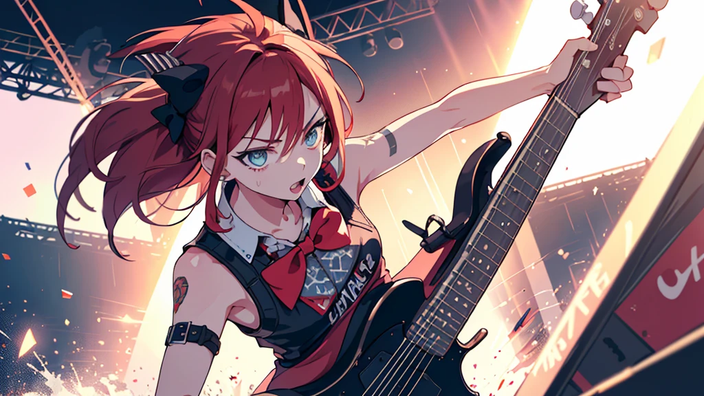 legendary girl punk rockers, (watermelon is their trademark),
punk fashion, super cool, fashionable, sophisticated,
solo, sapphire eyes, (playful captain redhead bow-legged with guitar), positive feeling,
rampages on stage,
initial impulse, irony,
(dynamic action, dynamic effects, dynamic hair, dynamic actions),
light reflection, backlit, dynamic lighting,
(masterpiece), (best quality), (extremely detailed),
sharp image, clear image, vivid colorful image,
detailed body, detailed hair, detailed face, detailed eyes,
highly detailed background