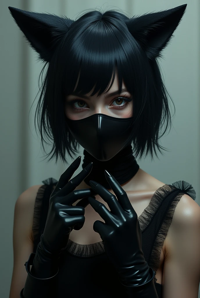 A person wear mask has black hair wolf cut style, wear dress and black glove