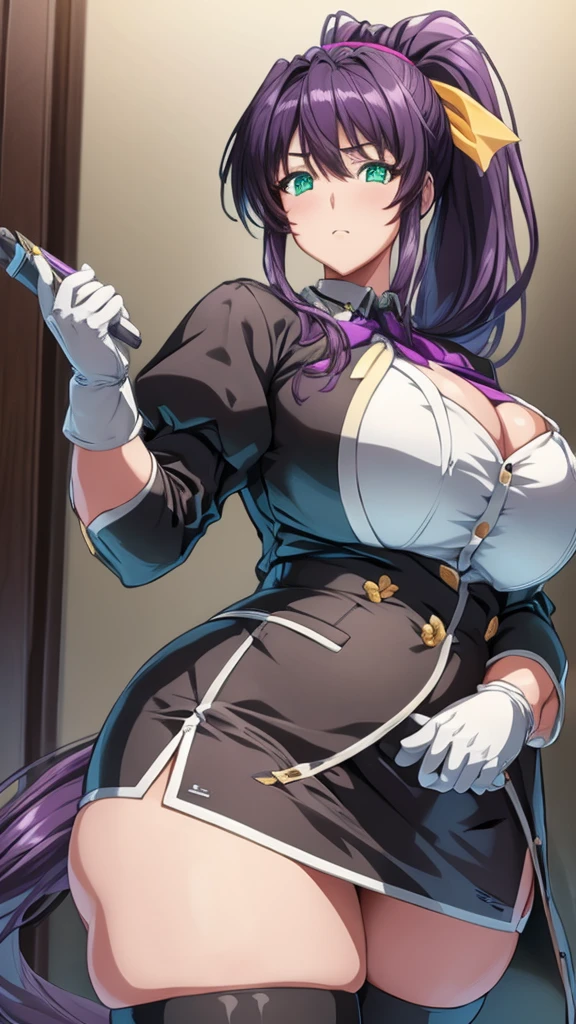 High detailed, masterpiece, High detailed, 1 girl, solo, purple large hair ponytail, ponytsil's ribbon, Green eyes, big busty, plump buson, firm chunky body white shirt, , deep cleavage, Juliet sleeves, pencil skirt, black thighhighs, white gloves, tall, serious