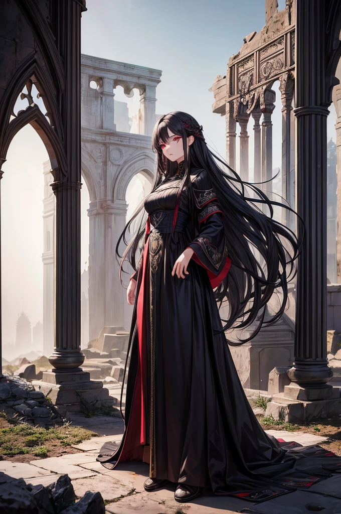 portrait, long hair, black gray hair, crimson eyes, 1girl, head, face, cultivators, absurdres, masterpiece, best quality, cultivators costume, ((female cultivators)), long hairs, desolation, ruins, dynamic pose, apocalypse, spellcasting, Style-Glass, full body shot