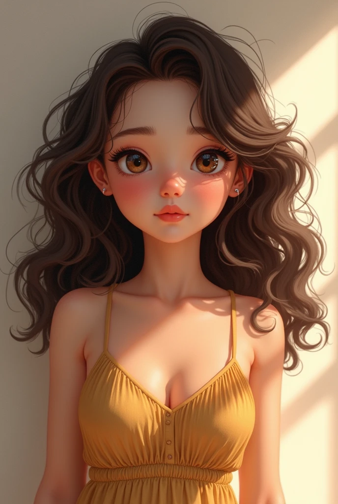Create a light skinned girl, light brown curly hair, curvy build and 1 meter tall.58, mixed facial features between Japanese and Mexican