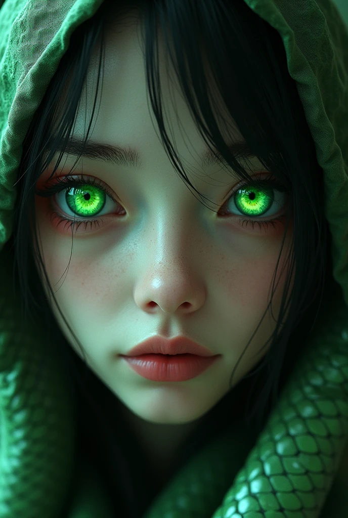 The girl was possessed by a snake, so her pupils were long and green like a snake&#39;s and she had plastic eyes, but she was so pretty.