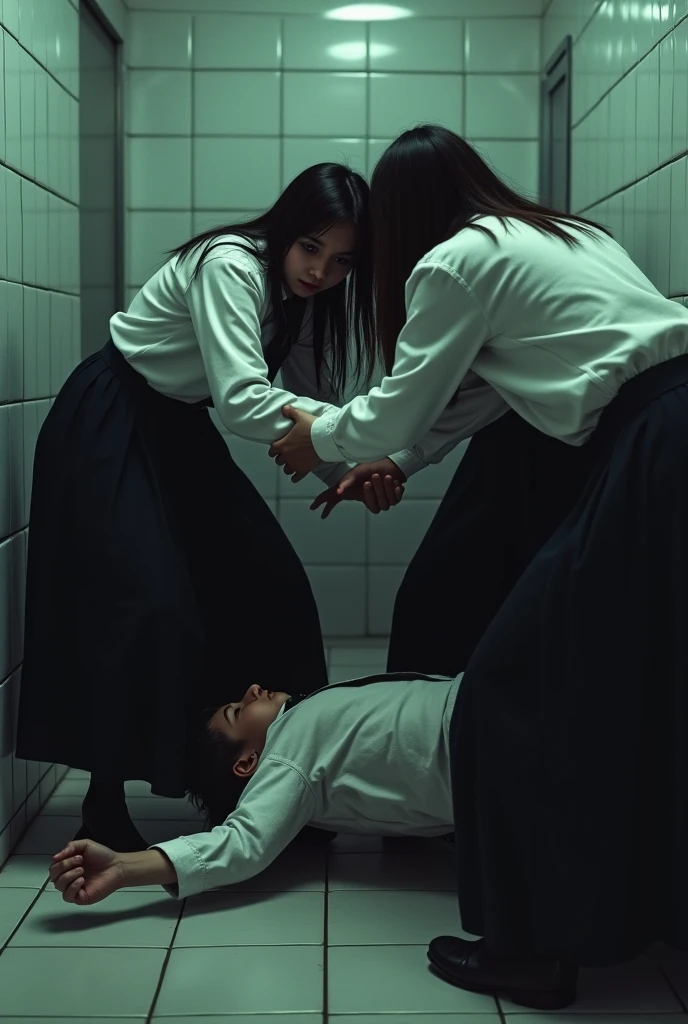 A group of girls with knives in their hands in gray sweaters , long black skirts and long hair, silently and emotionlessly looking at the wet naked girl with big natural breasts lying at their feet