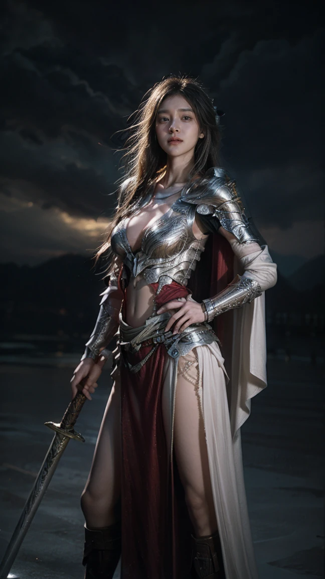 masterpiece, best quality, ultra-realistic, female warrior, intricate silver armor with red and gold accents, flowing cape, holding a glowing sword, fierce expression, long braided hair, standing on a battlefield with dark clouds and lightning in the background, fantasy-themed, soft shadows, dramatic lighting, highly detailed character design, 85mm lens, portrait photography