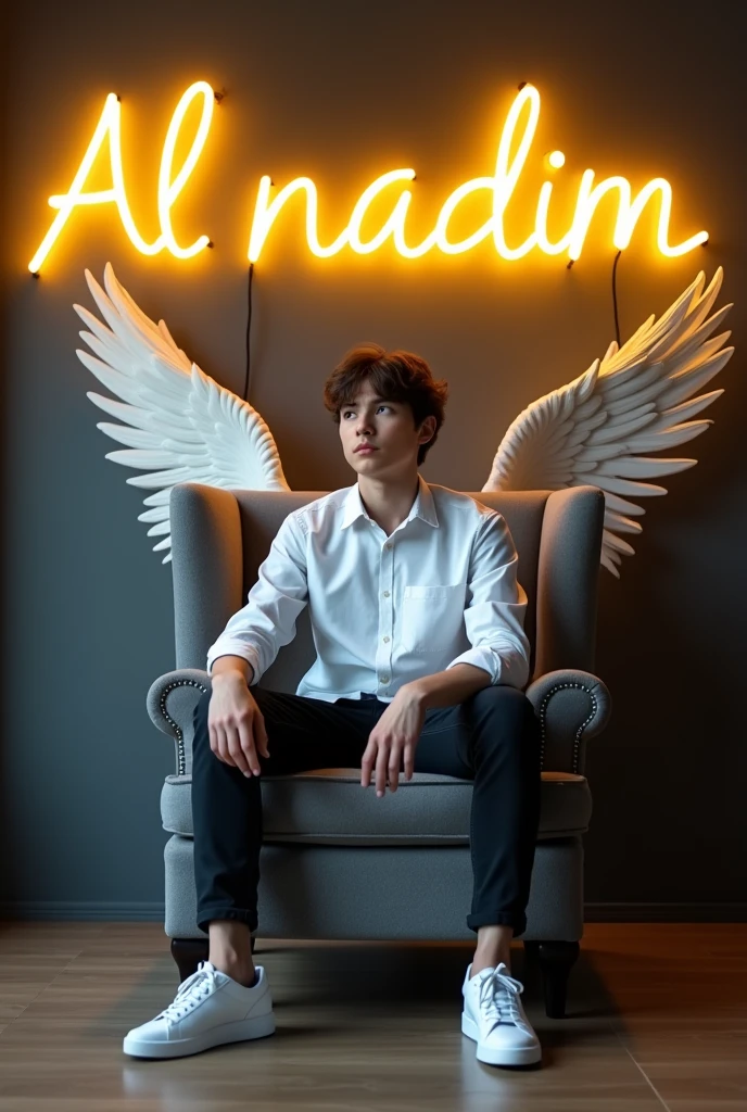 Create a 3D illusion for a profile picture where a 25 year old cute boy in a white shirt sitting casually on a wingback chair. Wearing sneakers. he looks aheab. the background features "Al nadim" in big and capital yellow neon light fonts on the dark grey wall. There should not be his shadow. And there are Wings