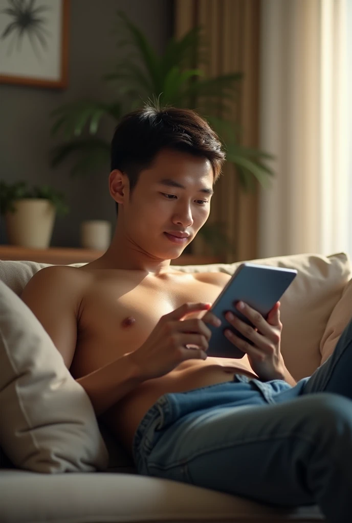 In night 29 year old Indonesian male on living room home watching tablet in afternoon only wear jeans pants after from office