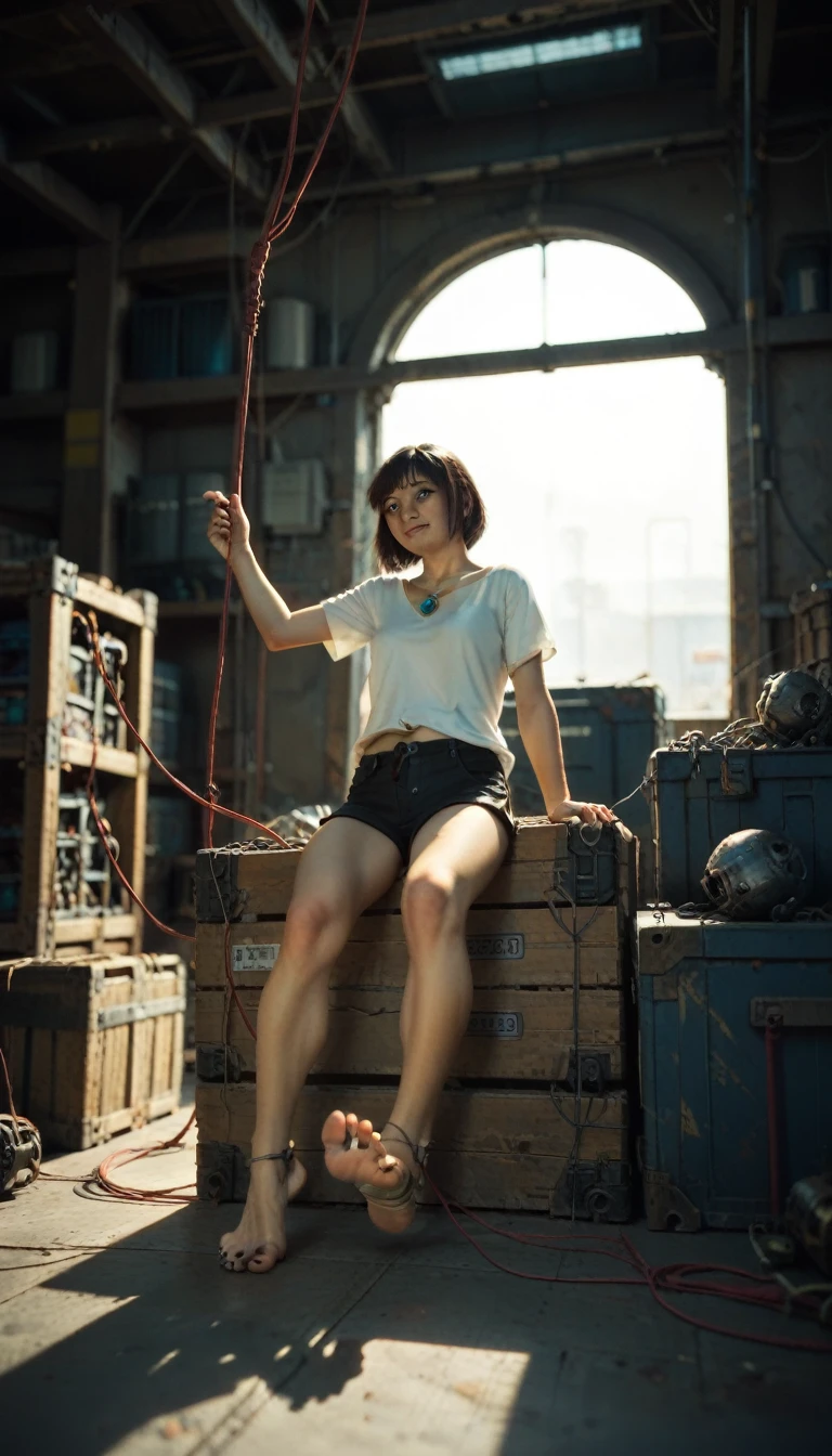 （Female robotic tiger), Solitary,, Detailed fur texture, (Cyberpunk), (Wear black short sleeves and black shorts), ,Feet are clawed and wearing Egyptian sandals,Metal body，Wires and cables that connect the header and body，Mechanical limbs，Trunk wires and cables，Mechanical plug,Wire inserted into the belly, dawn, shadow, Bright environment, (Chest gemstones), , (Kantanagarmouli)), (Bottom view), Looks excited, [Simple background], Detailed student, Masterpiece Artwork, Caustic lines, Rim Light, Single light source, 清晰的shadow, Finger claws, (Digital Grade, Claws), (Hanfu),Sitting in the warehouse with my feet up，Soles facing the screen