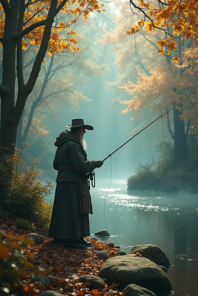 photoshoot, fantasy landscape, mythological creatures, fisherman, fishing, autumn setting, Hasselblad, state-of-the-art-quality, fairy ambient, (best quality,4k,8k,highres,masterpiece:1.2),ultra-detailed,(realistic,photorealistic,photo-realistic:1.37),highly-detailed, dramatic lighting, epic, cinematic, intricate details, vibrant colors, rich textures, muted tones, warm lighting, moody atmosphere, magical, dreamlike, whimsical, ethereal, mystical, fantastical, surreal, conceptual, photorealistic, digital painting