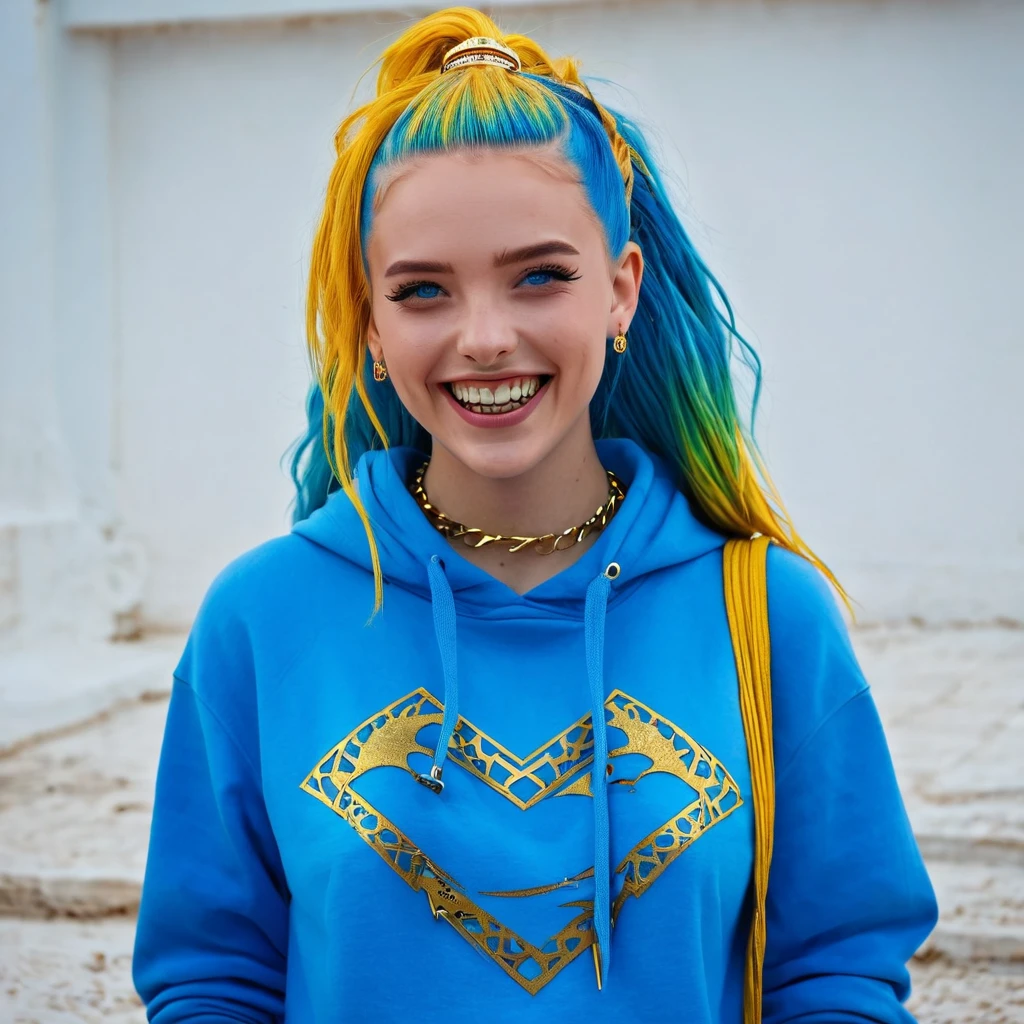 (masterpiece, best quality),  intricate details,, 1girl,     Gura, multicolored hair, blue eyes, shark hair ornament, gold hair ornament, gold choker, gold bracelet, sharp teeth, grin, blue hoodie,,  greek clothes, peplos,