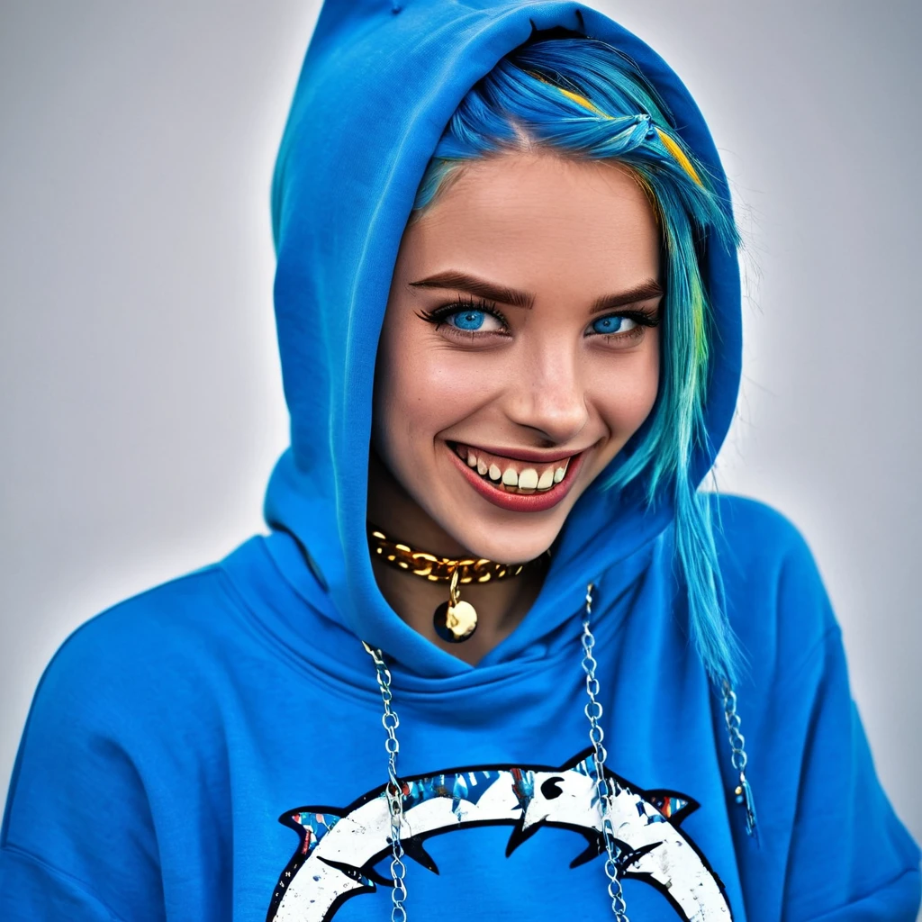 (masterpiece, best quality),  intricate details,, 1girl,     Gura, multicolored hair, blue eyes, shark hair ornament, gold hair ornament, gold choker, gold bracelet, sharp teeth, grin, blue hoodie,,  greek clothes, peplos,