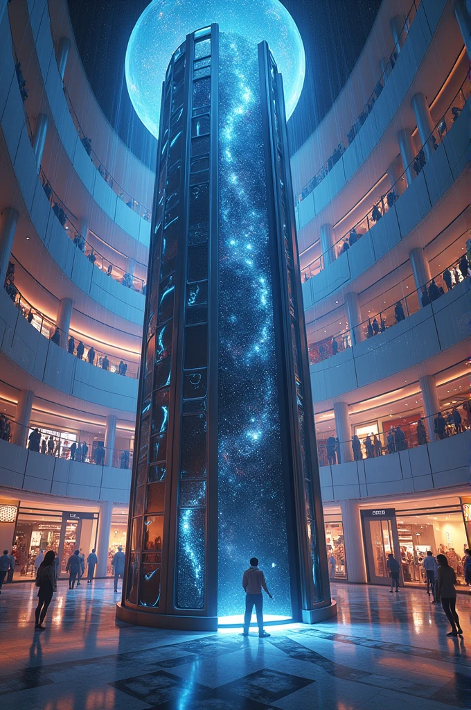 make a image of elevator in the mall. the image must be in cosmic style.