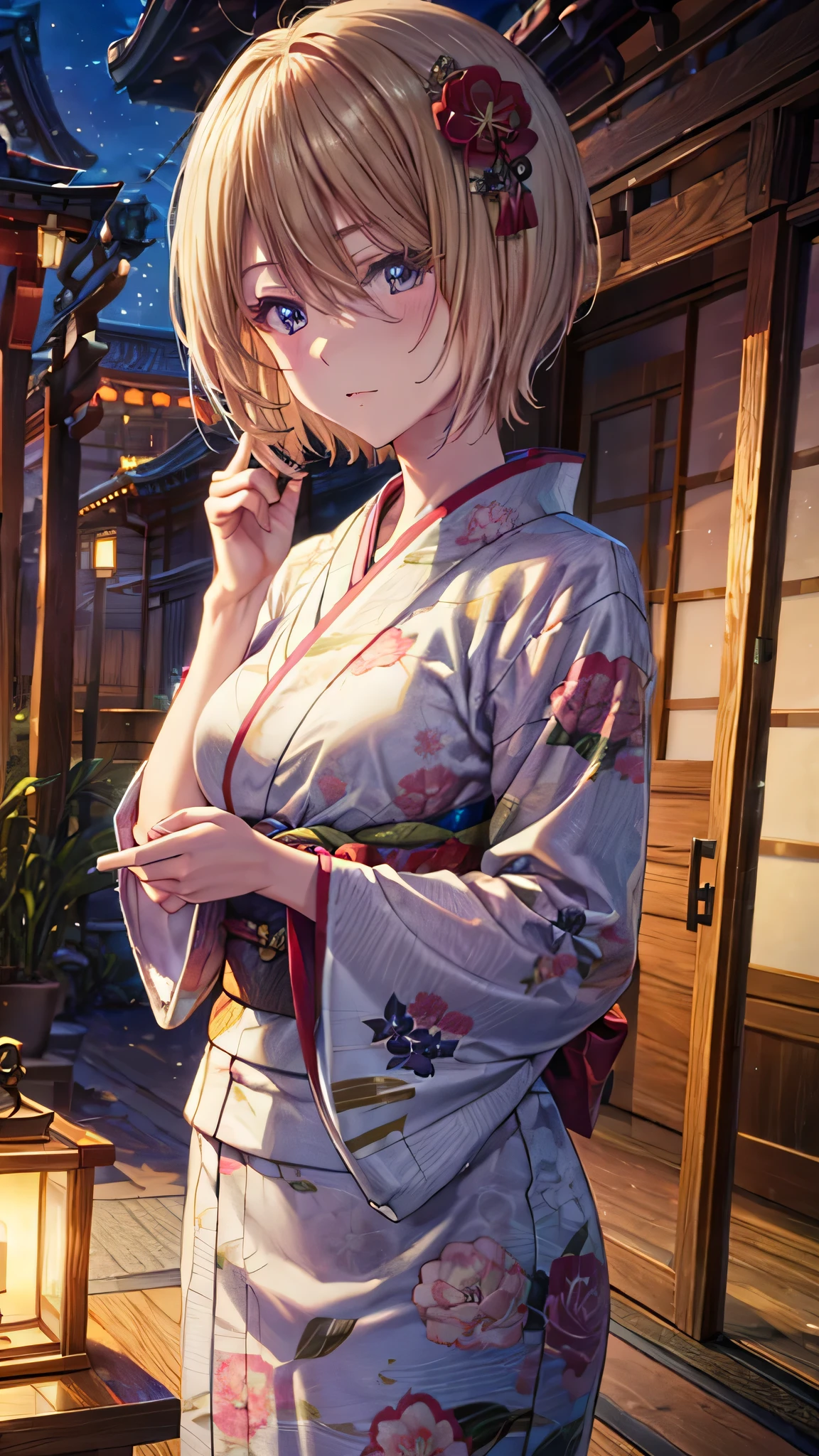 Blonde、Short Hair、cool、Beauty、Medium breast、Long-sleeved kimono、Background Shrine