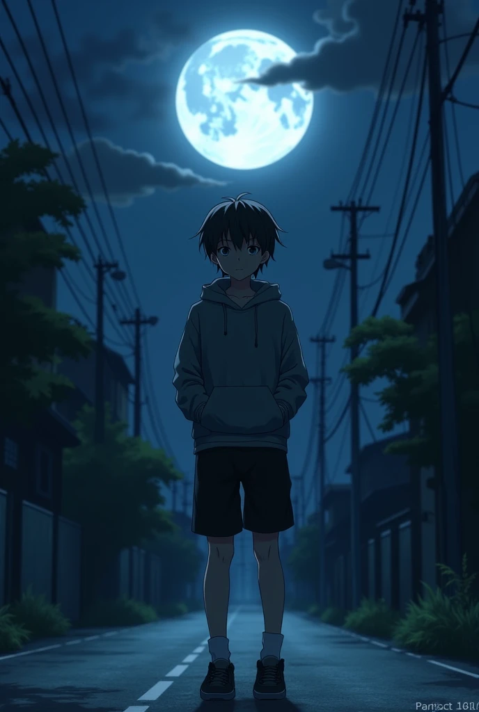 Anime highschool boy in
dark area in road
Moon in the back