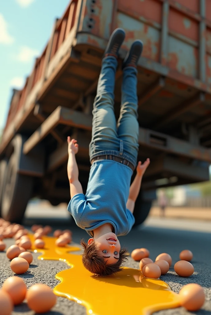 A brown-haired 15 year old France man in a blue T-shirt drives a truck with many egg but the truck fall upside down
his whole body are hanging uncooked egg yolk