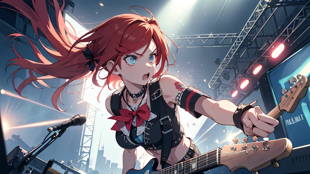 legendary girl punk rockers, (watermelon is their trademark),
punk fashion, super cool, fashionable, sophisticated,
solo, sapphire eyes, (playful captain redhead bow-legged with guitar), positive feeling,
rampages on stage,
initial impulse, irony,
(dynamic action, dynamic effects, dynamic hair, dynamic actions),
light reflection, backlit, dynamic lighting,
(masterpiece), (best quality), (extremely detailed),
sharp image, clear image, vivid colorful image,
detailed body, detailed hair, detailed face, detailed eyes,
highly detailed background