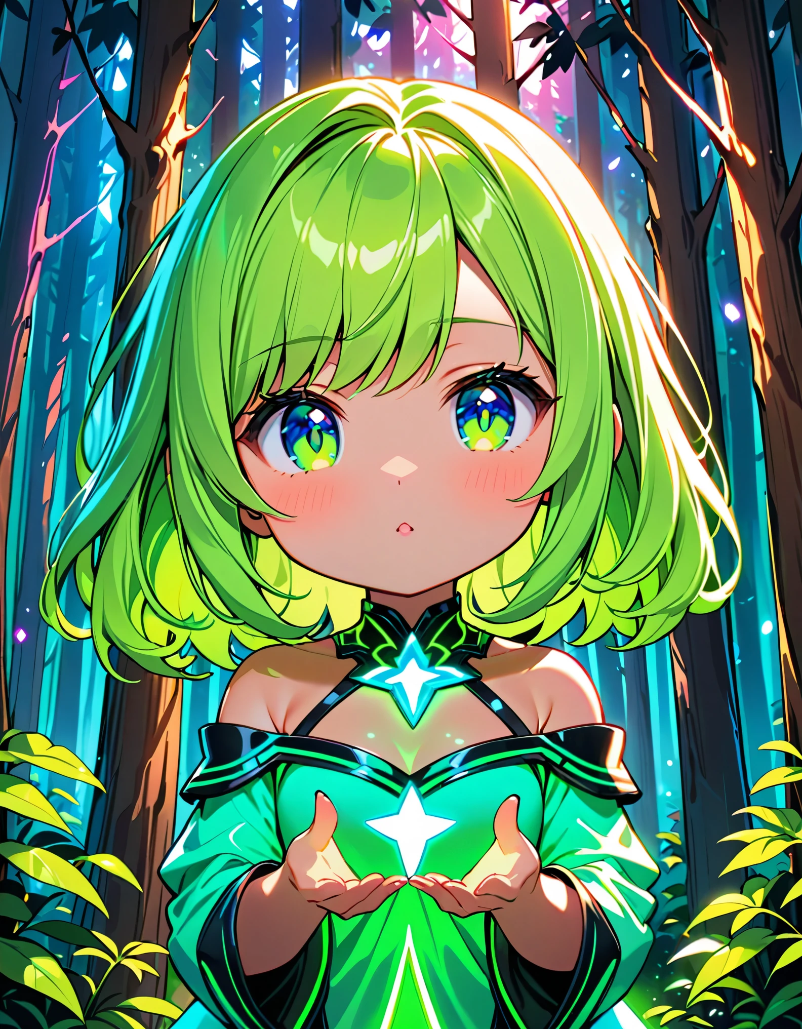 Masterpiece, best quality, super high resolution, fluorescent color,, 1 girl, looking at the audience, beautiful face, beautiful eyes, (off-the-shoulder: 1.2), head up, upper body, forest, shiny hair, shiny skin, glowing cut, chibi, finger proportions coordination