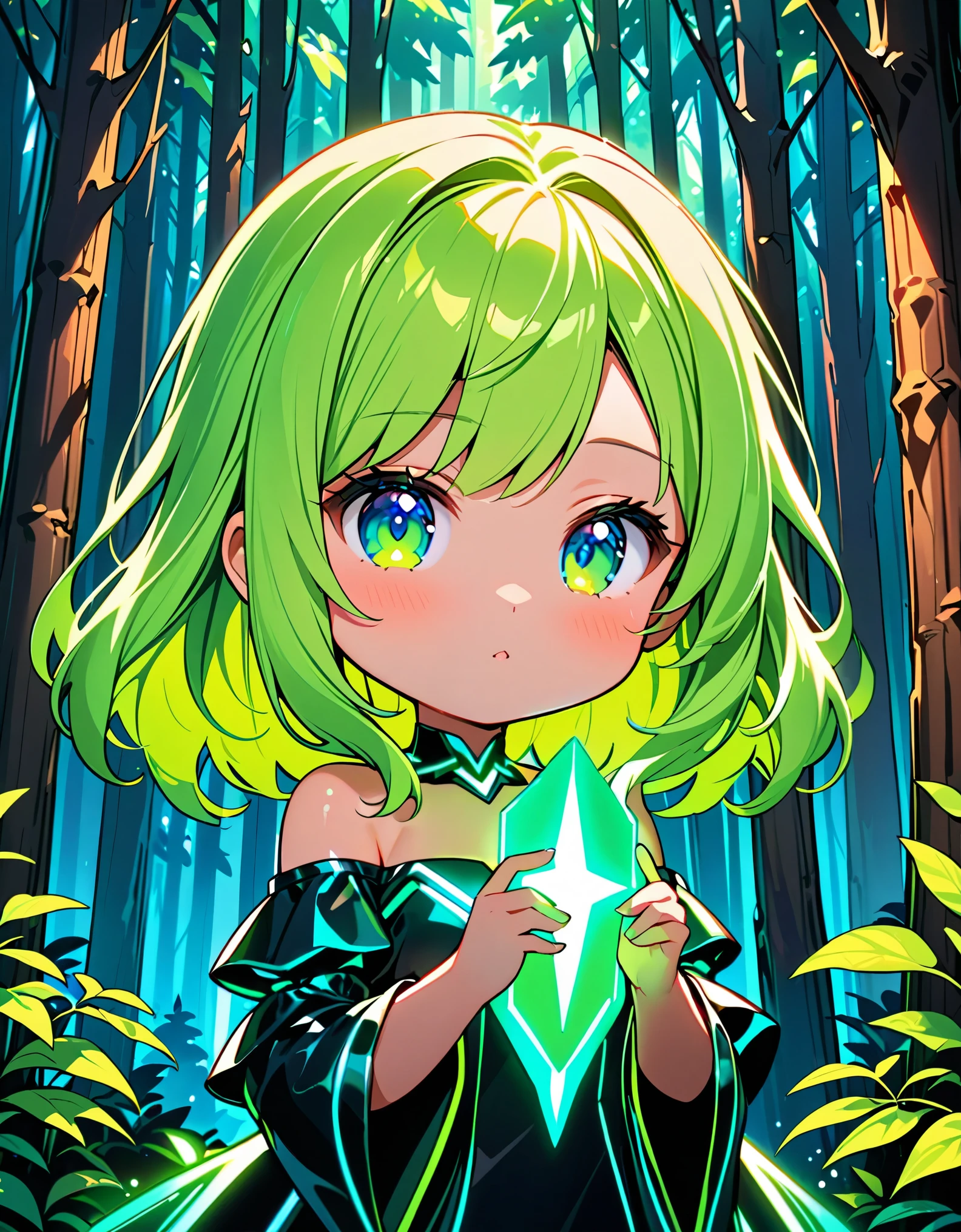 Masterpiece, best quality, super high resolution, fluorescent color,, 1 girl, looking at the audience, beautiful face, beautiful eyes, (off-the-shoulder: 1.2), head up, upper body, forest, shiny hair, shiny skin, glowing cut, chibi, finger proportions coordination