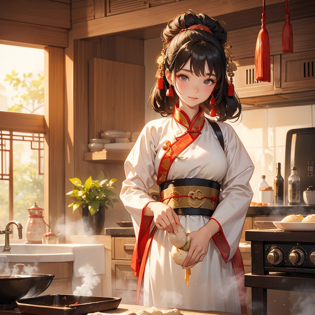 Beautiful girl in ancient Chinese costume Standing in the kitchen making steamed buns in the middle of the day. The sun shines on my face and my eyes sparkle. There is a steamer for steaming steamed buns nearby