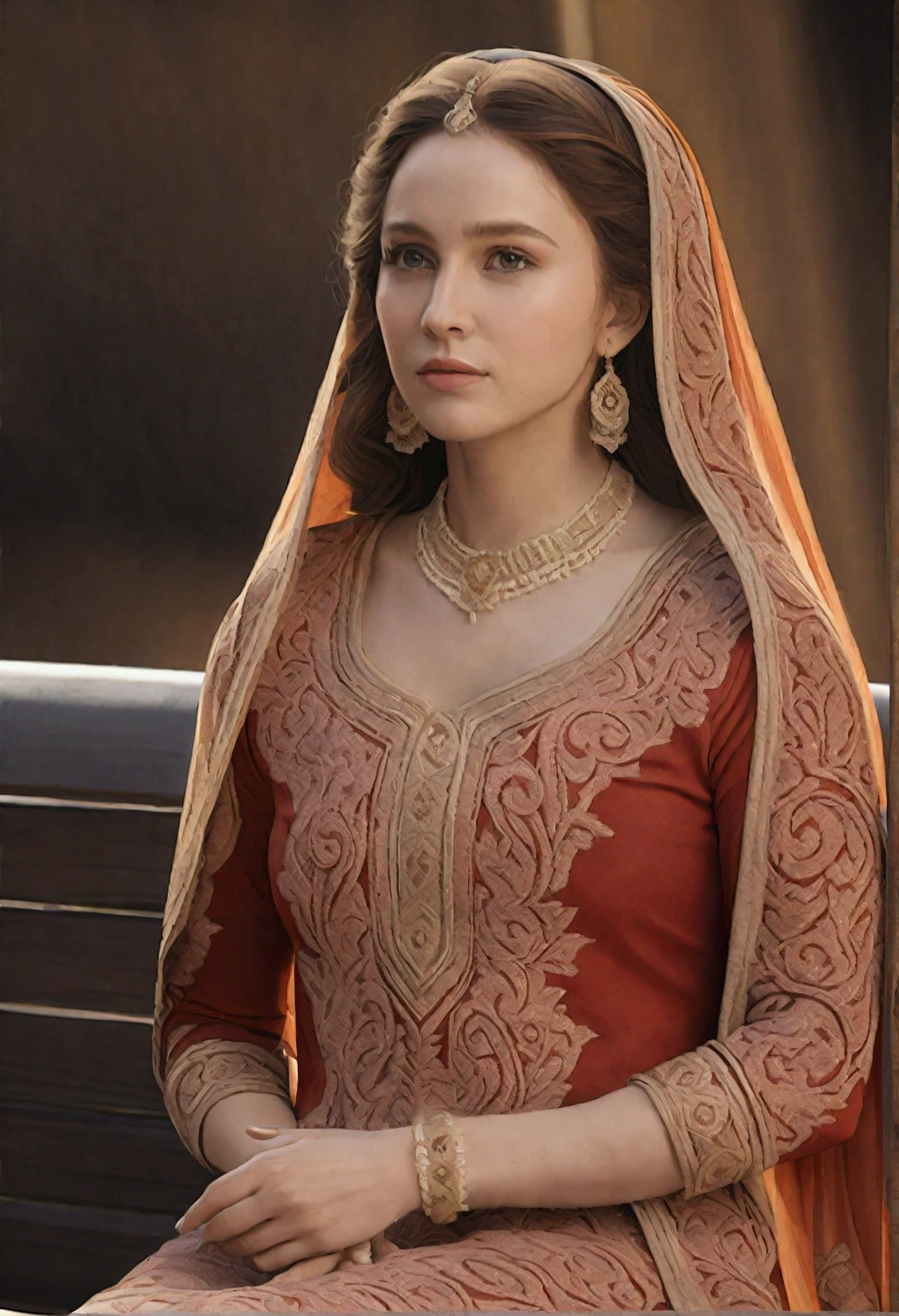 "A photorealistic portrait of a 20-year-old Russian girl gazing thoughtfully at the camera, featuring her long, curly chestnut hair and striking hazel eyes, dressed in comfortable yet stylish casual wear that compliments her figure, full body shot, 8k hdr, high detailed, lot of details, high quality, she should convey a sense of serenity, bathed in the warm glow of sunset as she relaxes on a city bench."