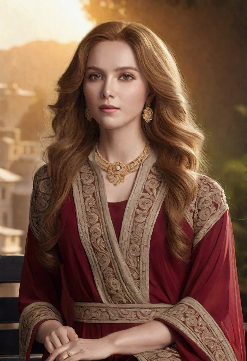 "A photorealistic portrait of a 20-year-old Russian girl gazing thoughtfully at the camera, featuring her long, curly chestnut hair and striking hazel eyes, dressed in comfortable yet stylish casual wear that compliments her figure, full body shot, 8k hdr, high detailed, lot of details, high quality, she should convey a sense of serenity, bathed in the warm glow of sunset as she relaxes on a city bench."