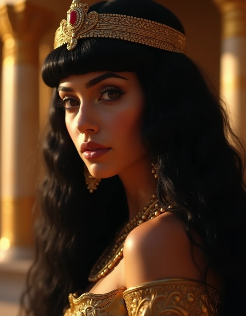 Cleopatra, Beautiful woman with long black hair, Detailed face, Deep Eyes, ふっくらAnd唇, Wearing a gold crown, Luxurious ancient Egyptian palace interior, Dramatic lighting, A gorgeous column, rich fabric, (Highest quality,4K,8k,High resolution,masterpiece:1.2),Very detailed,(Realistic,photoRealistic,photo-Realistic:1.37),Intricate details,Cinema Lighting,Chiaroscuro,Dramatic Shadows,Warm color palette,Dramatic Pose, Low - Angle,Beautiful Egyptian Queen,Hall々And,elegant,Majestic