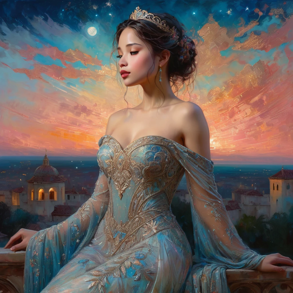 a solo beautiful princess, elegant, detailed, pretty, (rubenesque), (romanesque background), (night sky), elegant detailed sumdress, (art by dgtlv2 and henry asencio and zeen chin and josephine wall and edwin deakin), (masterpiece), (good anatomy),