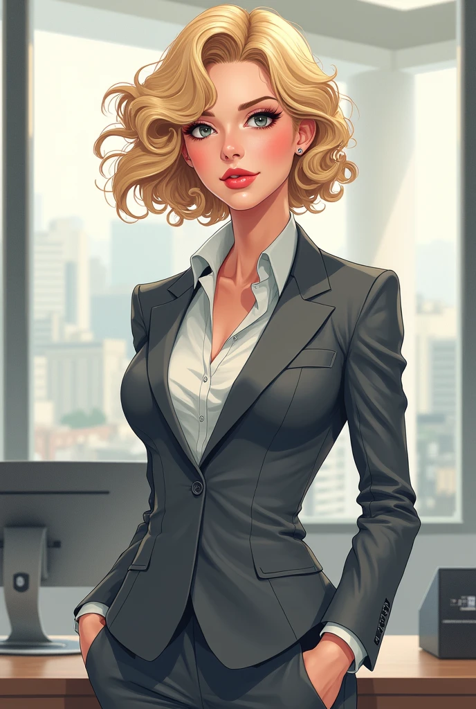 Brunette woman in grey office suit, Short curly hair dyed blonde manga style