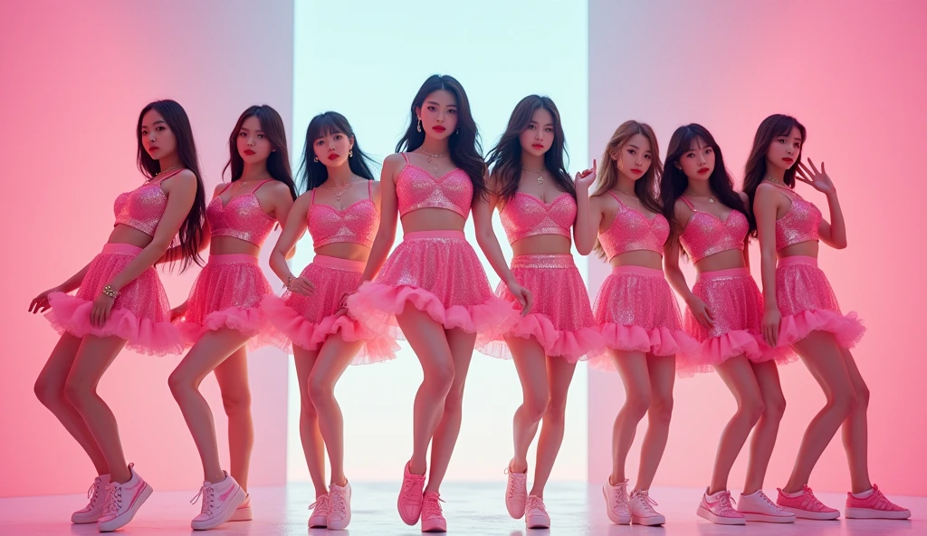 Pink realistic kpop cover 7 cute pink dressed girls dancing 