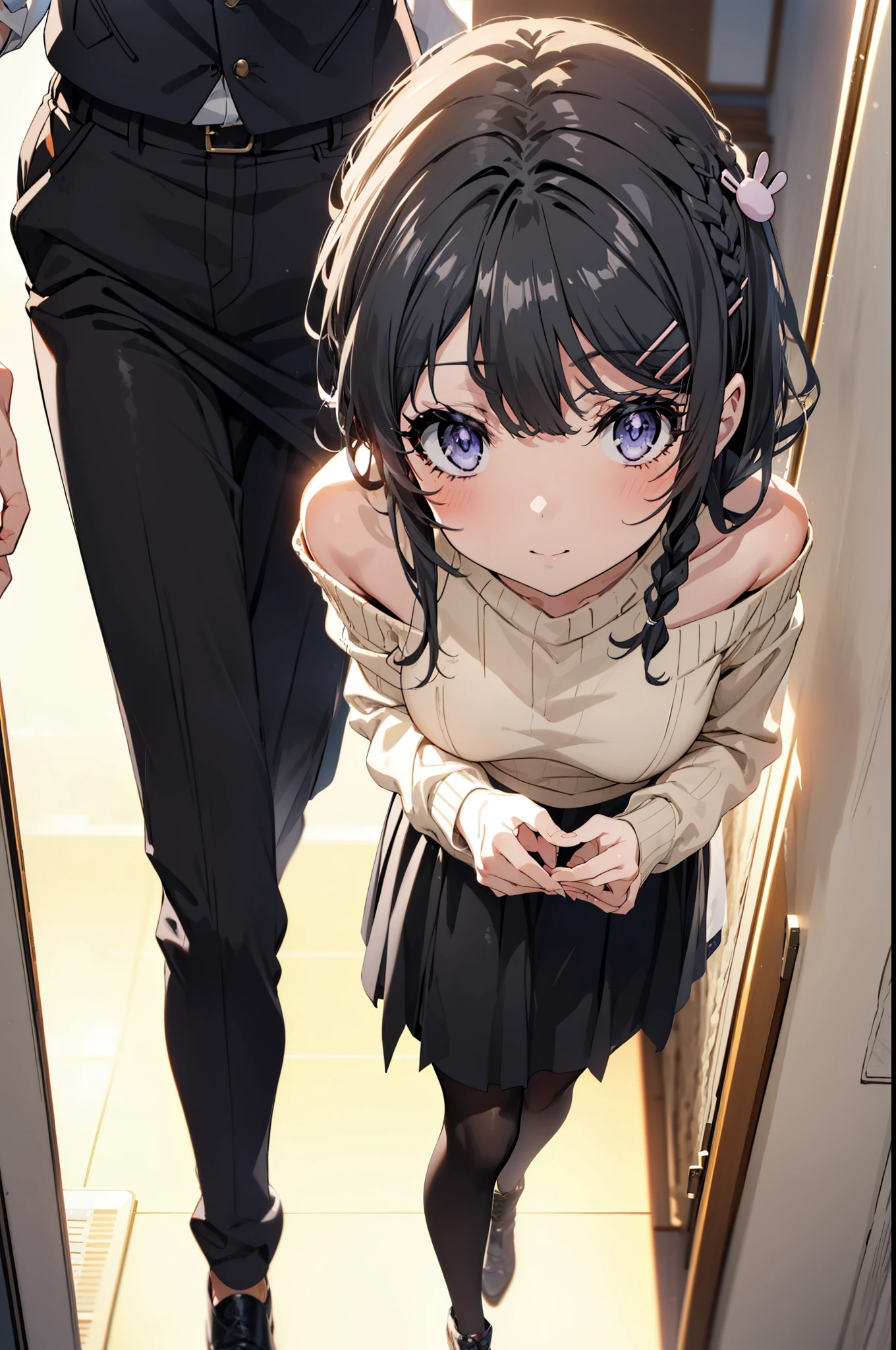 maisakurajima, mai sakurajima, Long braids, bangs, (Black Hair:1.5), hair ornaments, (Purple eyes:1.1), Hair Clip, rabbit hair ornaments,smile,blush,Glasses,One-shoulder sweater,Long skirt,Black pantyhose,short boots,Daytime,Clear skies,Walking,whole bodyがイラストに入るように,
break indoors, University corridor,
break looking at viewer, whole body,
break (masterpiece:1.2), Highest quality, High resolution, unity 8k wallpaper, (figure:0.8), (Beautiful attention to detail:1.6), Highly detailed face, Perfect lighting, Highly detailed CG, (Perfect hands, Perfect Anatomy),
