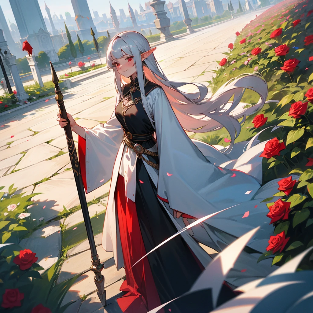 A mature woman,long silver hair with straight bangs,red eye,elf ear,Wearing a long dress and holding a fancy holy stick,smiling and blushing to camera,roses petal around her,scenery is at the Royal Garden behind her