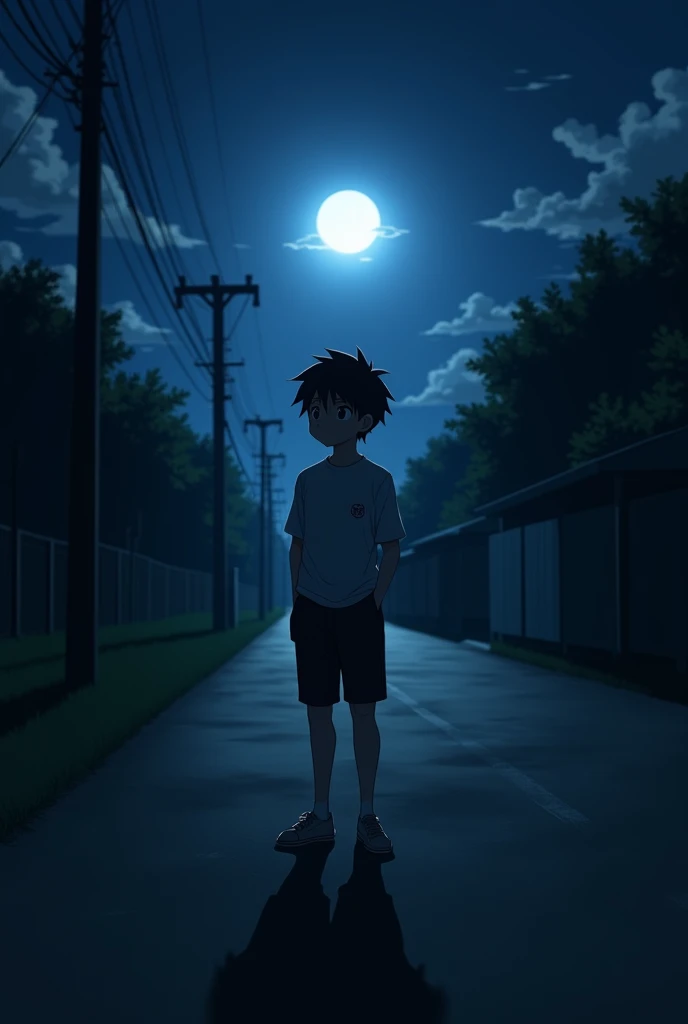 Anime high boy in
dark area in road
Moon in the back