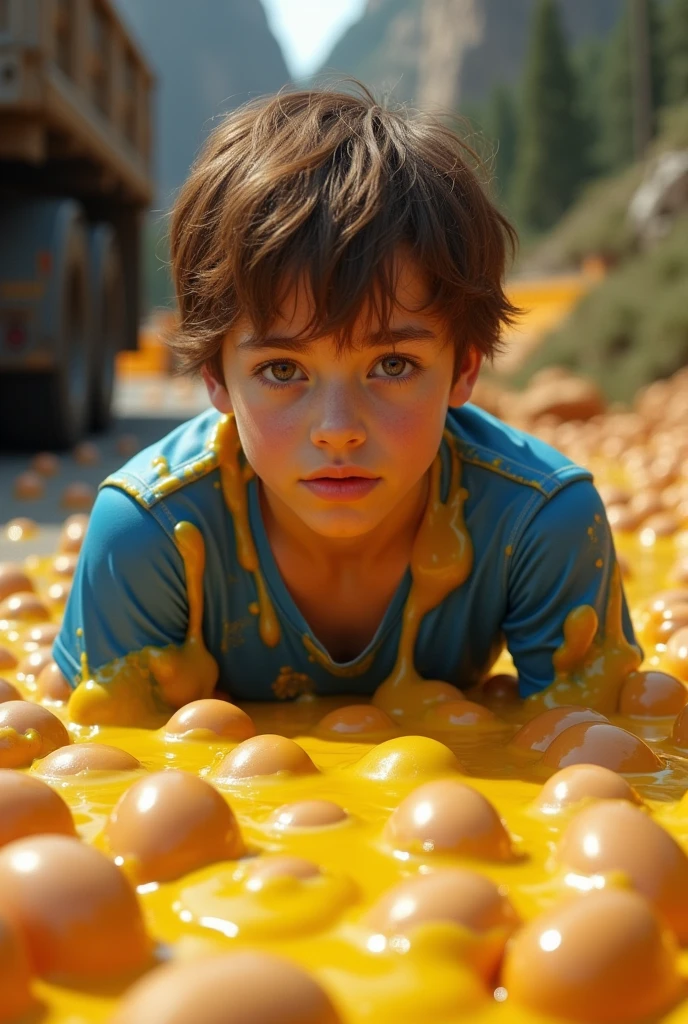 A brown-haired 15 year old France man in a blue T-shirt drives a truck with many egg but the truck fall
his whole body are hanging uncooked egg yolk