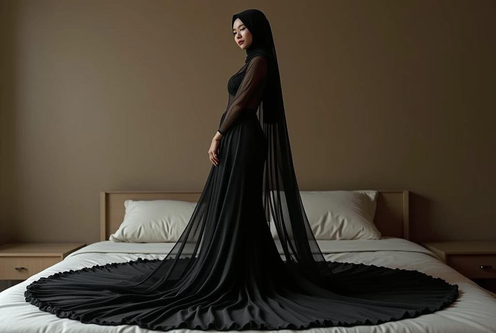 Asian woman wrapped in a transparent black cloth mimicking a mermaid gown with a striking long train, puff sleeve, the cloth clings tightly to her figure, incorporates a hijab, standing with poise, see through whole body, half naked, nipple on, dramatic lighting, volumetric textures, very long cloth, in bed room, ultra realistic, golden ratio.