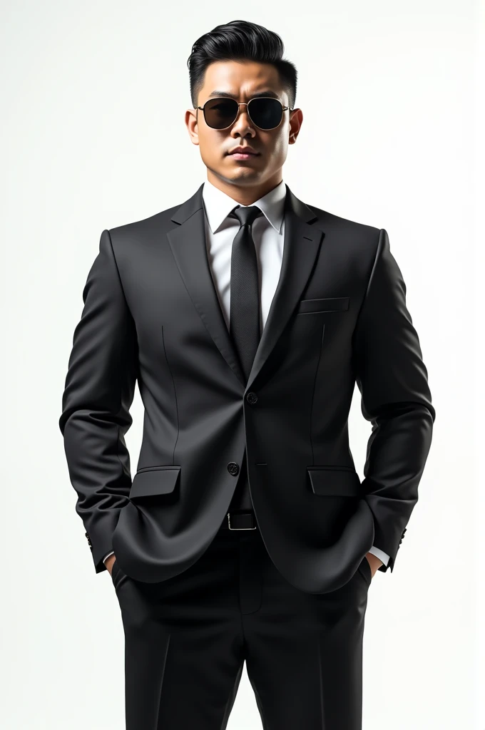 Asian strong buff man(He is strong,buff,confident, wears a suit and sunglasses and look fearless.)with white background
