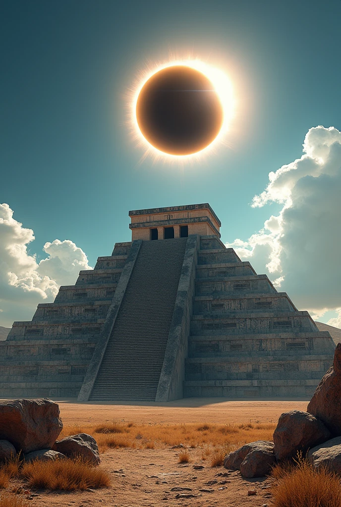 The Mexican pyramids with an eclipse right on top 
