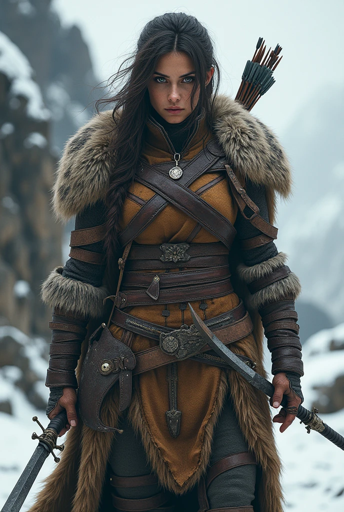 Girl, with weapons and armour, fur clothing, tanned skin.