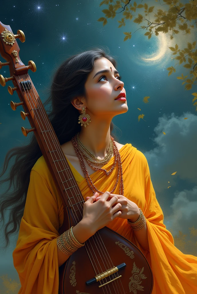 Beautiful girl Mira bai holding ektar in her hands crying and looking at Lord Krishna