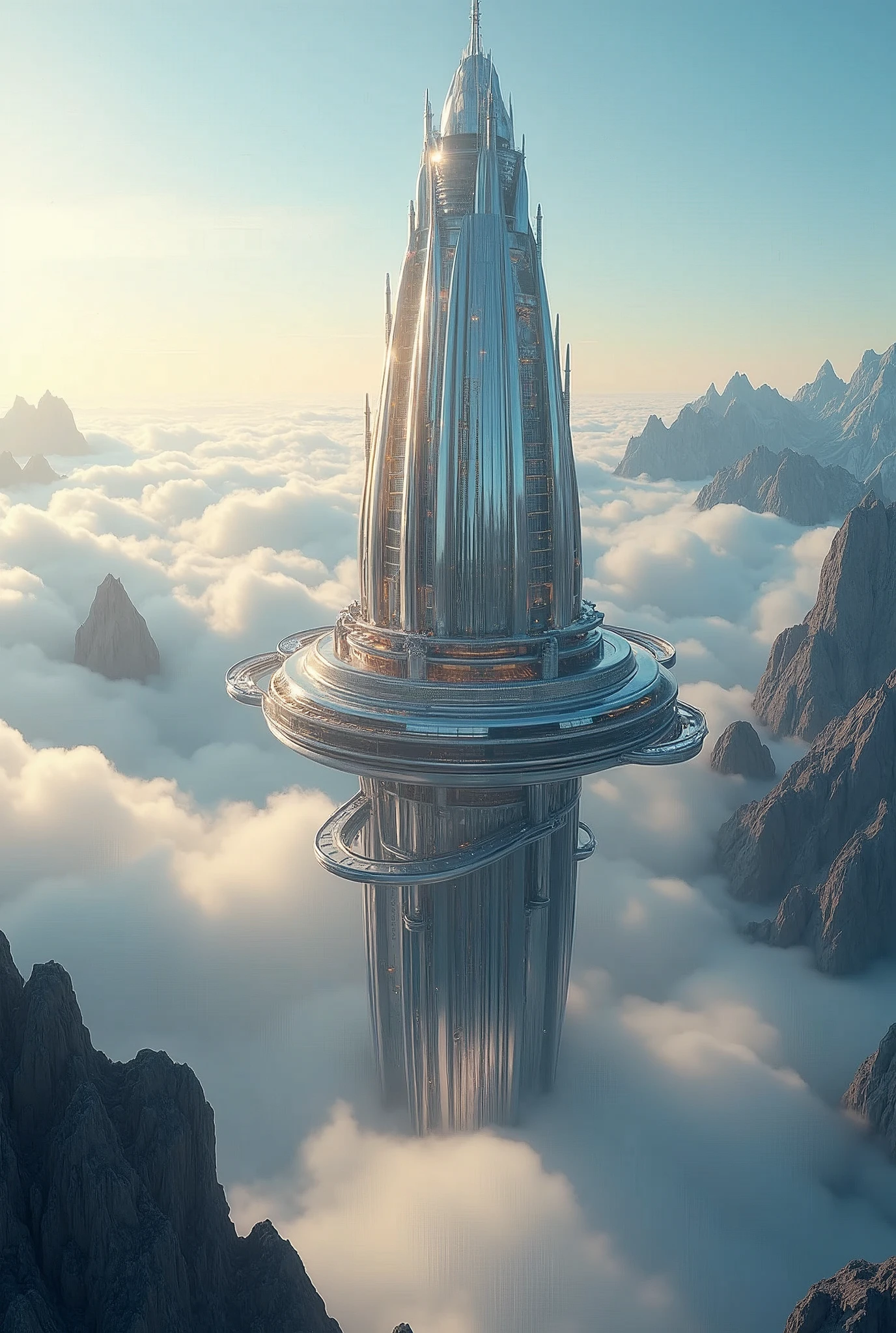 A breathtaking view of a futuristic palace, soaring above towering mountains, made of sleek glass and glossy reflective Metallic silver and gold materials. The palace is a stunning sight to behold, with 300 rooms that glisten in the sunlight. The structure appears to be floating on a sea of clouds, creating a surreal and otherworldly atmosphere. In the distance, one can see other smaller structures, creating a miniature city. The overall ambiance is a blend of high-tech sophistication and awe-inspiring beauty. , retina, accurate, masterpiece, super detail, high details, best quality, award winning, highres, HD, 4K, 8k, 16k, retina, accurate, masterpiece, anatomically correct, textured skin, super detail, high quality, award winning, highres, 8k, 16k