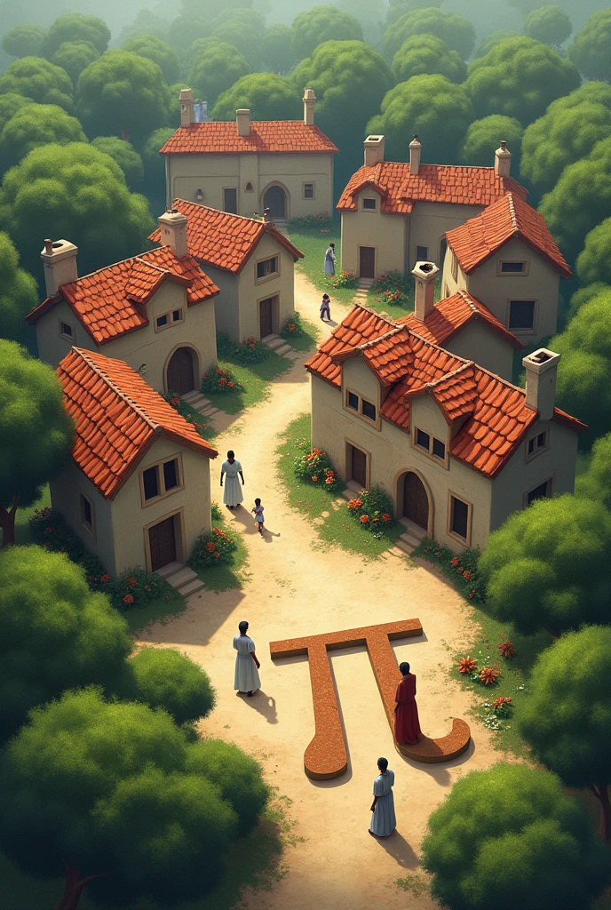 Natural viilage with houses made in π shape
Trees in π shape people in π shape with π written on every house
