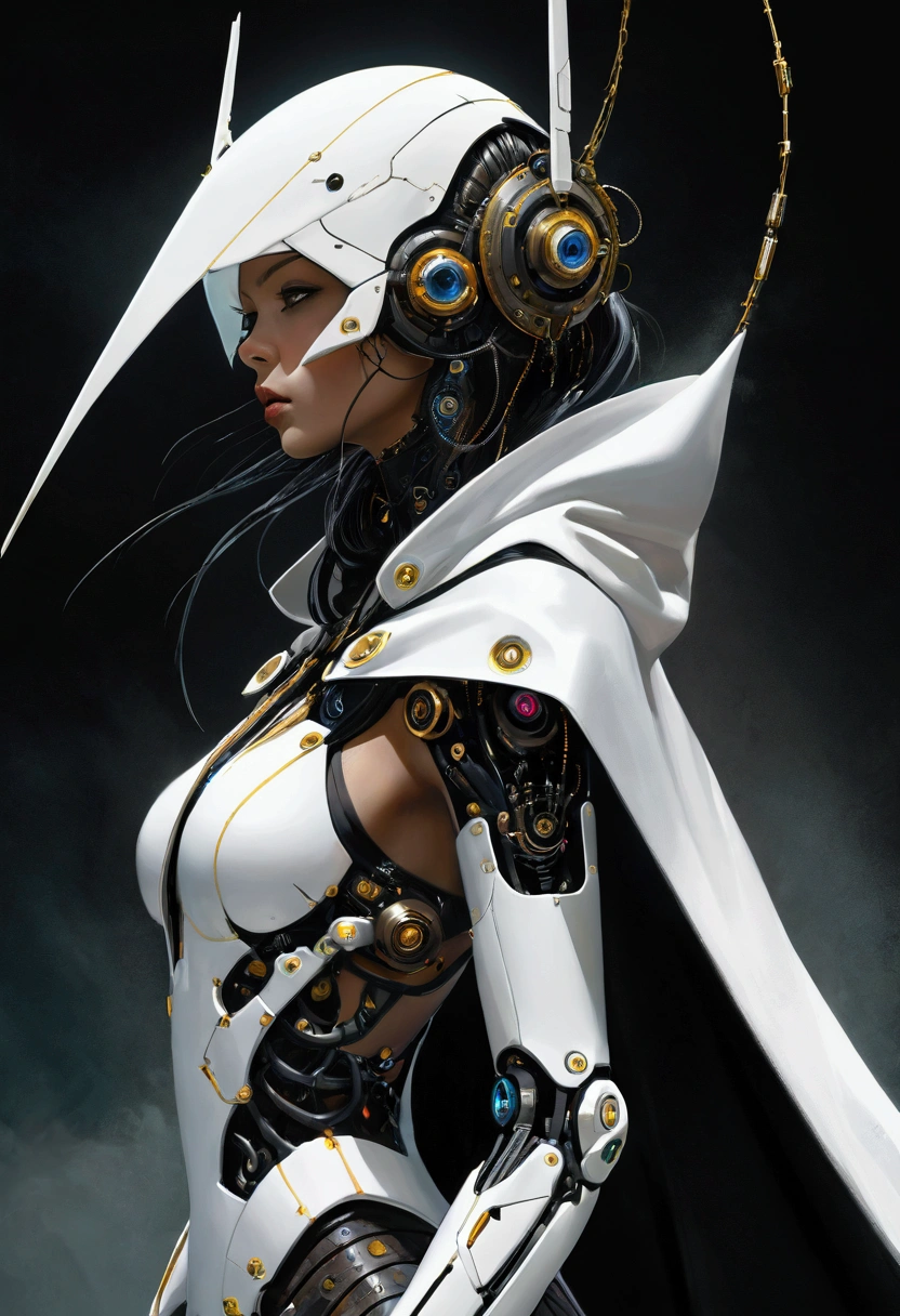 Dark fantasy art,Cyberpunk, White Mechanical Guardian,Donning a cybernetic cape,Mechanical parts damage, cruel、Violence:1.1,(Dust clouds),(arena),(arms:1.1),author:Sandra Chevrier, Dave McKean、Richard Avedon、Screenplay by Makizi Kuciala, Luminous design