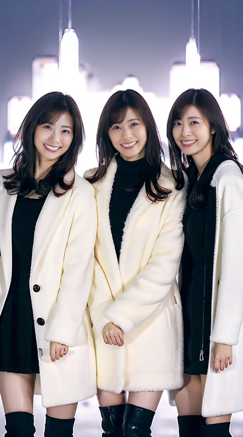 8k, RAW Photos, Full body photo, Realistic: 1.25), (Lip gloss, eyelash, Glossy face, Glowing Skin, Super beautiful sexy Japanese women, 20-year-old, Highest quality, Ultra-high resolution, Depth of written boundary, chromatic aberration, Caustics, Moisturized lips, Ultra Cropped Face, Shining Detail Eyes, Half-up dark brown hair, Snazzy, Same height, White long coat, Thick long coat, Feather long coat, Black knit dress, Black mini skirt, Black long boots, Three girls standing and hugging each other, Big Breasts, Sheer