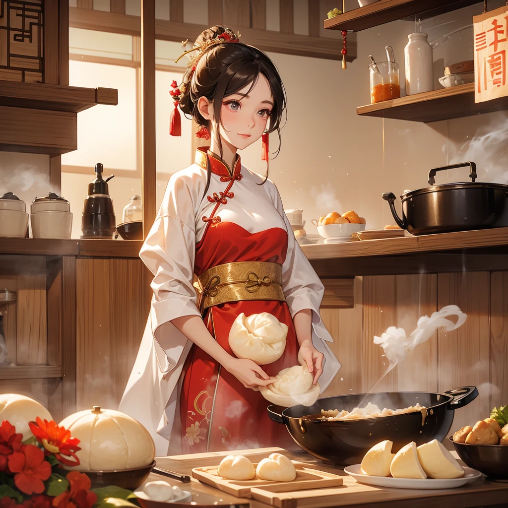 Beautiful girl in ancient Chinese costume Standing in the kitchen making steamed buns in the middle of the day. The sun shines on my face and my eyes sparkle. There is a steamer for steaming steamed buns nearby