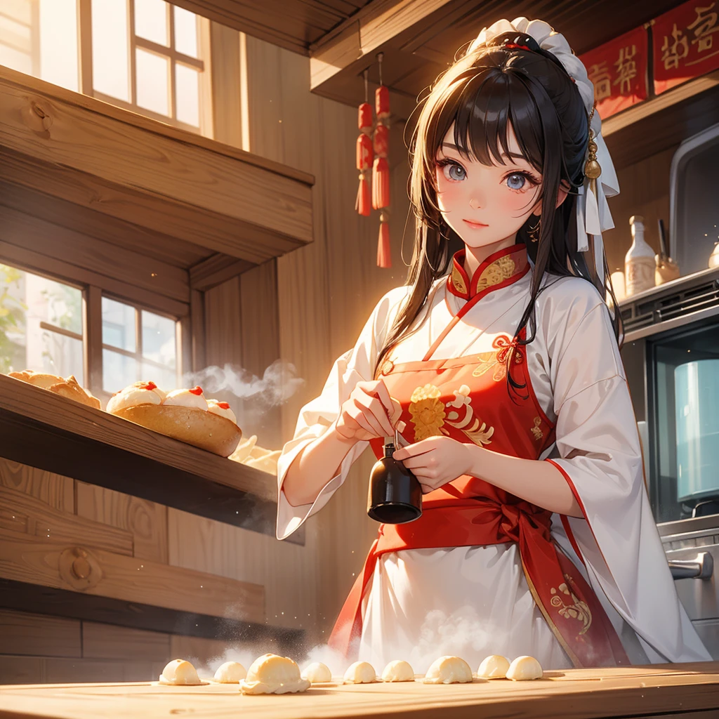 Beautiful girl in ancient Chinese costume Standing in the kitchen making steamed buns in the middle of the day. The sun shines on my face and my eyes sparkle. There is a steamer for steaming steamed buns nearby